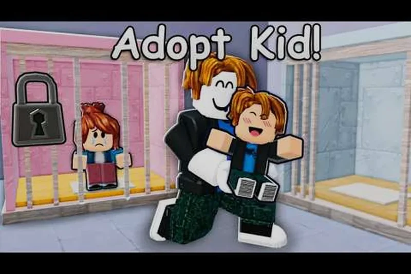角色在 Adoption Centre 抱着孩子并显示 Adopt Kid! 标识